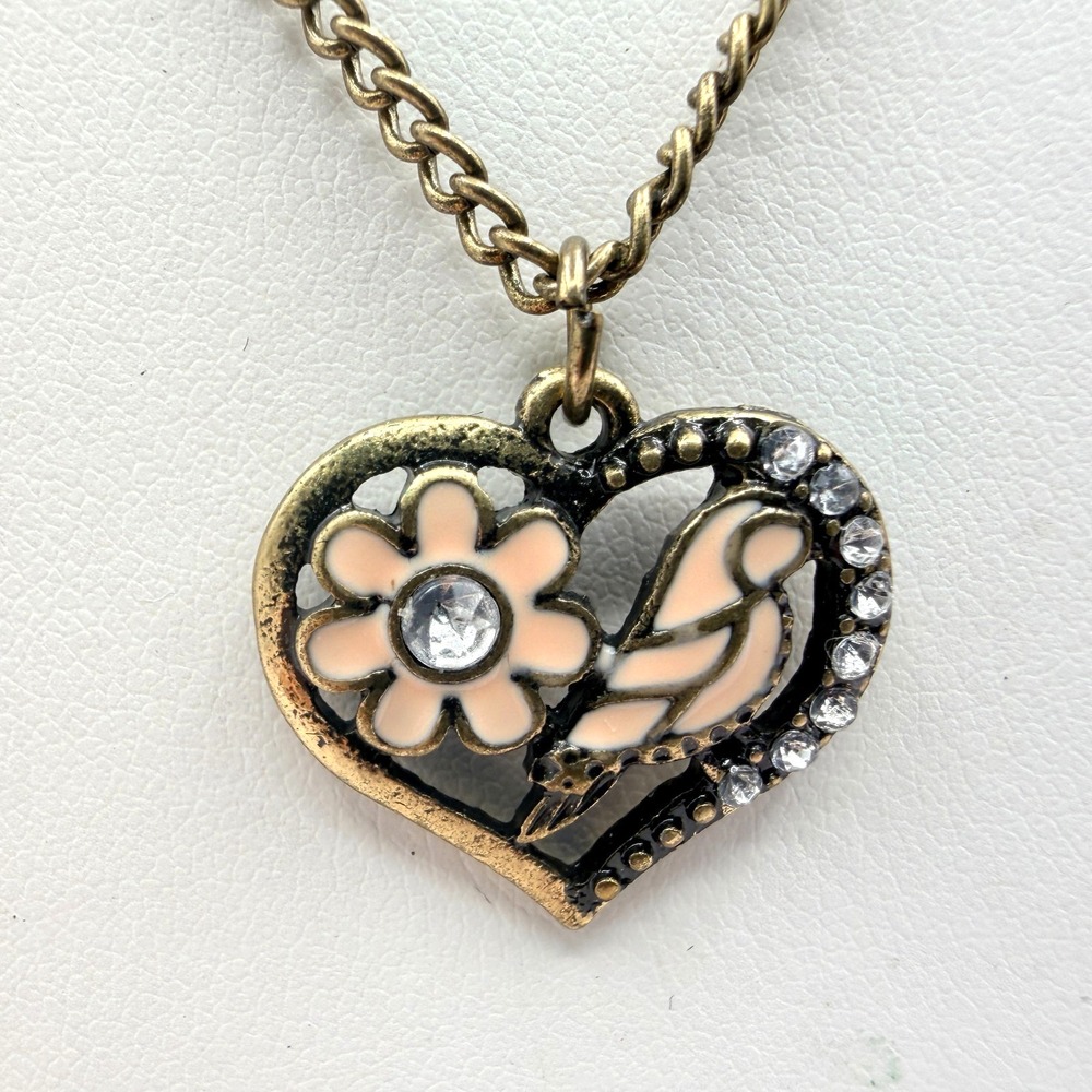 Vintage Bronze Heart Pendant Necklace with Pink Enamel Bird & Rhinestones